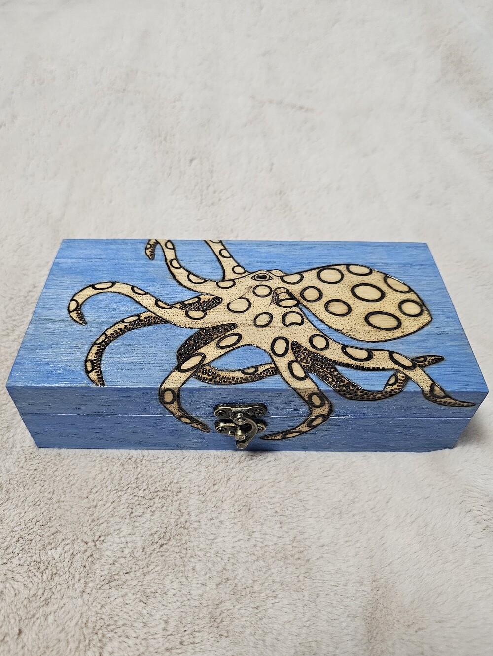Handcrafted Blue Octopus Woodburned Jewelry/Trinket Box